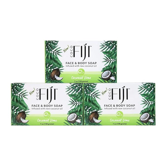 "Coco Fiji Soap Bar for Face and Body Infused With Organic Coconut Oil, Coconut Lime, Essential Oil, Natural Soap for Moisturizing & Pore Purifying Skin, 7 oz, Pack Of 3 "