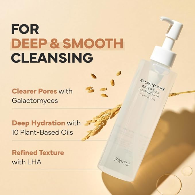 SAM'U Galacto Pore Water Full Cleansing Oil for Face, Korean Facial Cleanser & Makeup Remover with Galactomyces & Rice bran Oil, Non-Comedogenic, All Skin Types, 6.76 fl oz