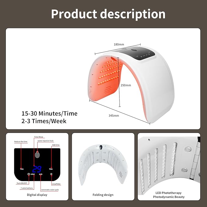 LED Light Therapy Mask - 7 Color Photon Facial Device for Skin Care, Red & Blue Light Therapy for Face, Neck & Body, Rechargeable Home Use