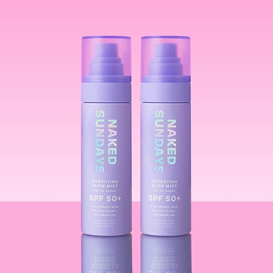 Naked Sundays SPF 50 Hydrating Glow Mist SPF Setting Spray and Face Sunscreen, Lightweight & Non-Greasy, Hydrating Ultra-Fine Mist with Hyaluronic Acid for All Skin Types, Makeup-Friendly - 2 pack