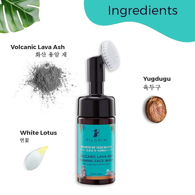 Pilgrim Volcanic Lava Ash Foaming Face Wash with Brush | Infused with Yugdugu & White Lotus | Removes Oil, Dirt & Impurities | Mattifying Cleanser for Oily Skin | 4.06 Fl Oz (120ml)