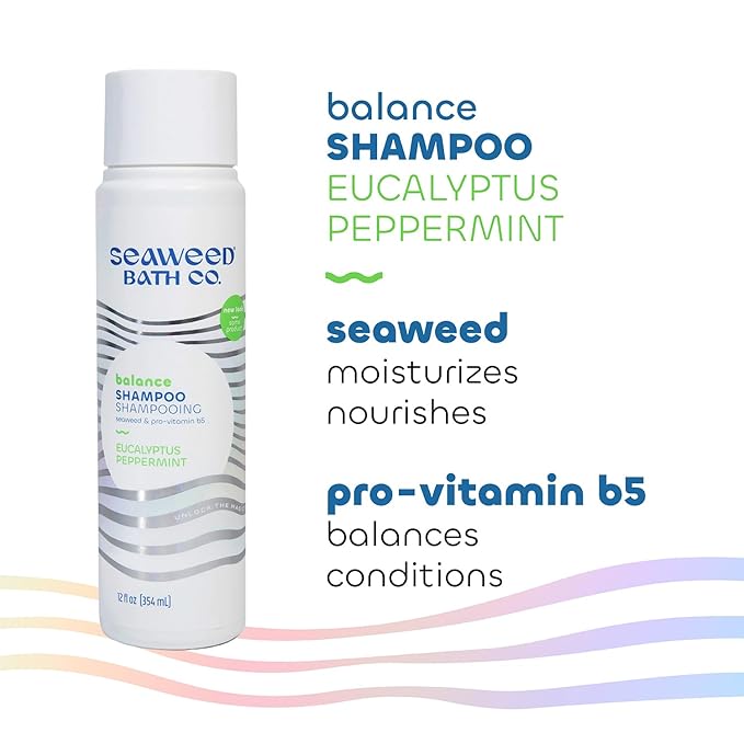 Seaweed Bath Co. Balance Shampoo, Eucalyptus Peppermint Scent, 12 Ounce, Sustainably Harvested Seaweed, Pro Vitamin B5, For Normal to Oily Hair