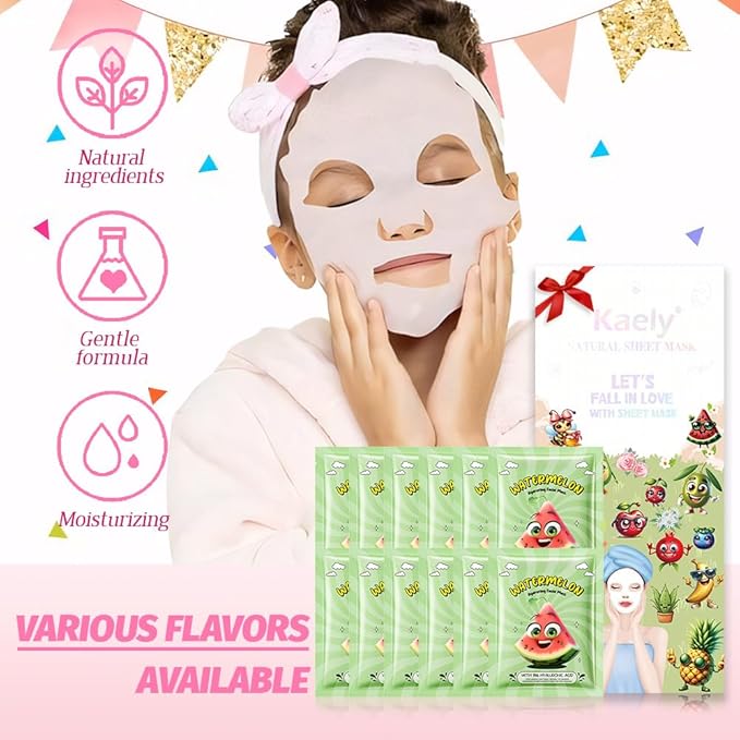 Kaely 12 Pack Watermelon Face Masks for Kids, Kids Face Mask Spa Day Kit Supplies, Spa Party Favors for Teens Girls Women, Sheet Facial Mask Skincare Gifts Set, Moisturize for All Skin Types, 07