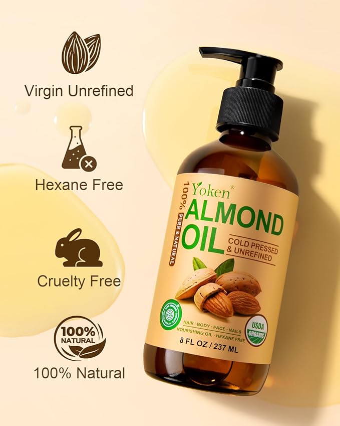 Yoken Organic Almond Oil 8 fl oz, USDA 100% Pure Natural Cold Pressed Almond Oils in Glass Bottle, Moisturizing Carrier Oil for Face, Hair & Body - Ideal for Skin Care, Soothing Massage & DIY Beauty