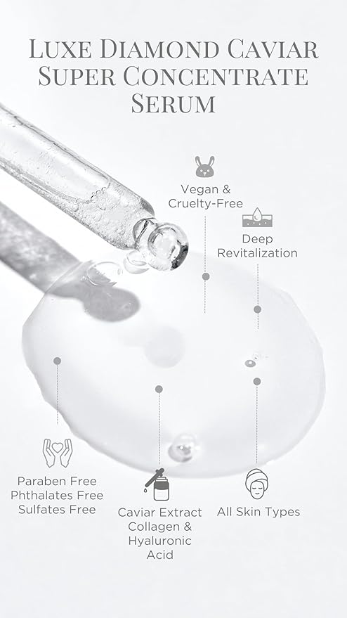 Luxe Diamond Caviar Super Concentrate Serum - Anti-Aging, Repairing & Firming, Daily Anti-Wrinkle Collagen & Hyaluronic Acid Face Serum - Vegan, Paraben-Free