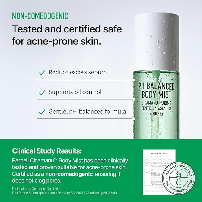 Parnell Cicamanu pH Balanced Body Mist - Centella Asiatica, Hyaluronic Acid, Ceramide, LHA, PHA, Mild Exfoliating, Soothing and Moisturizing Mist for Body, Back Acne and Bacne (5.07 Fl Oz / 150ml)