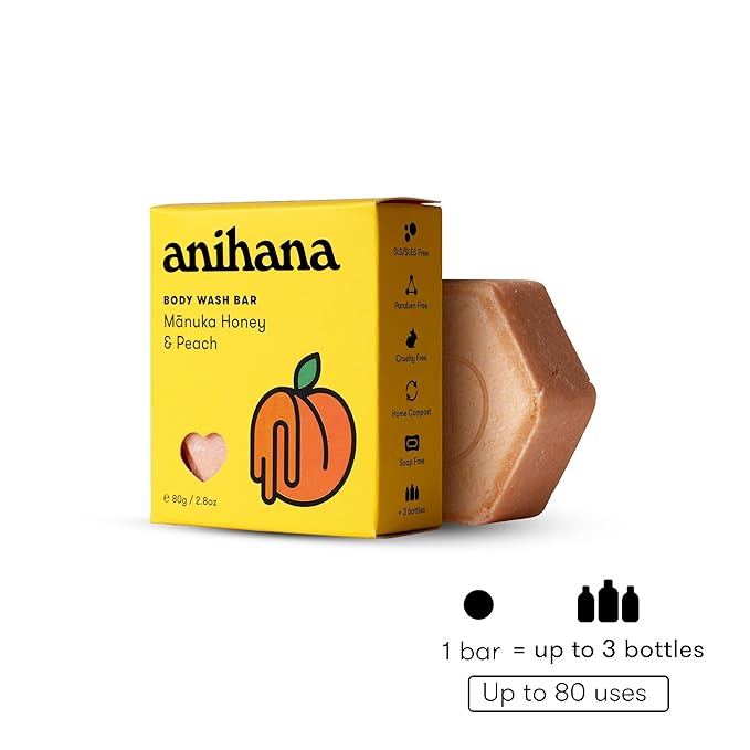 ANIHANA Body Wash Bar with Coconut Oil, Soap Free, Moisturizing, Gentle, Soft Skin Care, Refreshing Manuka Honey & Peach Scent 2.8 Oz