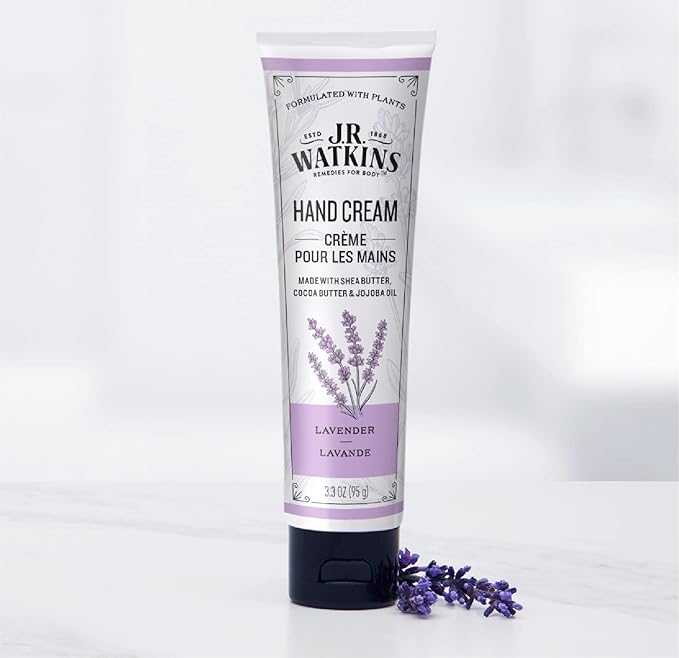 J.R. Watkins Natural Moisturizing Hand Cream, Hydrating Hand Moisturizer with Shea Butter, Cocoa Butter, and Avocado Oil, USA Made and Cruelty Free, 3.3oz, Lavender, Single