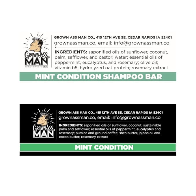 Grown Ass Man Co. Combo Packs - Solid Soap & Shampoo Bars Rich Lather with Natural Oils & Gentle Scrub for Men - Plastic Free & Eco-Friendly, & Organic Deep Clean, 4oz Bars (Mint Condition 3-Pack)
