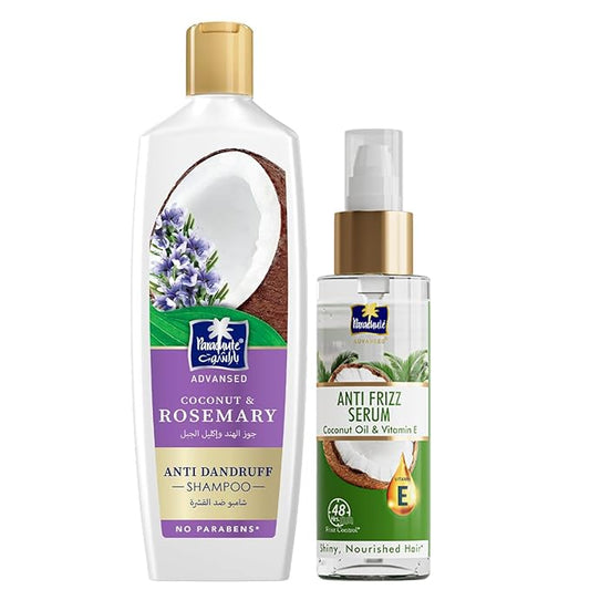 Parachute Advansed Anti-Frizz Serum & Rosemary Shampoo Combo | Frizz-Free, Purified, Nourished Hair | Pack of 2 | 6.7 Fl oz + 11.4 Fl oz