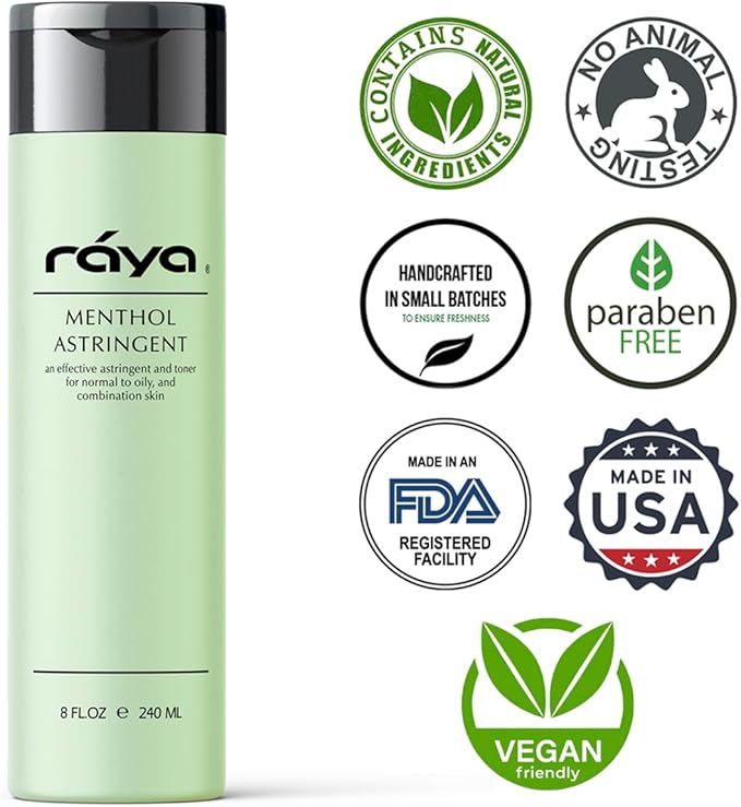 RAYA Menthol Astringent 6 oz (203) | Effective Facial Toner for Combination and Partially Oily Skin Prone to Break-Outs | Helps Refine, Tighten, and Protect pH Balance | Cools, Refreshes and Soothes