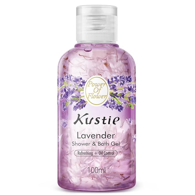 Kustie Lavender Travel Size Body Wash – 100ml Mini Shower Gel with Real Provence Petals & Tea Tree Oil – Antibacterial, Moisturizing, 24HR Floral Scent for Oily, Sensitive & Acne-Prone Skin