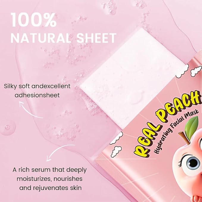 8 Pack Peach Kids Face Mask,Pink Face Masks Skincare Spa Day Kit Supplies,Spa Party Favors for Teens Girls Women,Sheet Facial Mask Skincare Gifts Set,Moisturize Soothe for All Skin Types