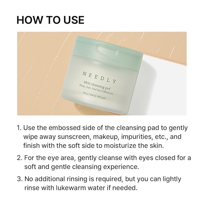 NEEDLY Mild Cleansing Pad, Makeup Remover for Sensitive Skin, Triple Deep Cleansing, Barrier Care with Only Two Surfactants & Panthenol, Extra-Large Soft Vegan Pad, Korean Skincare