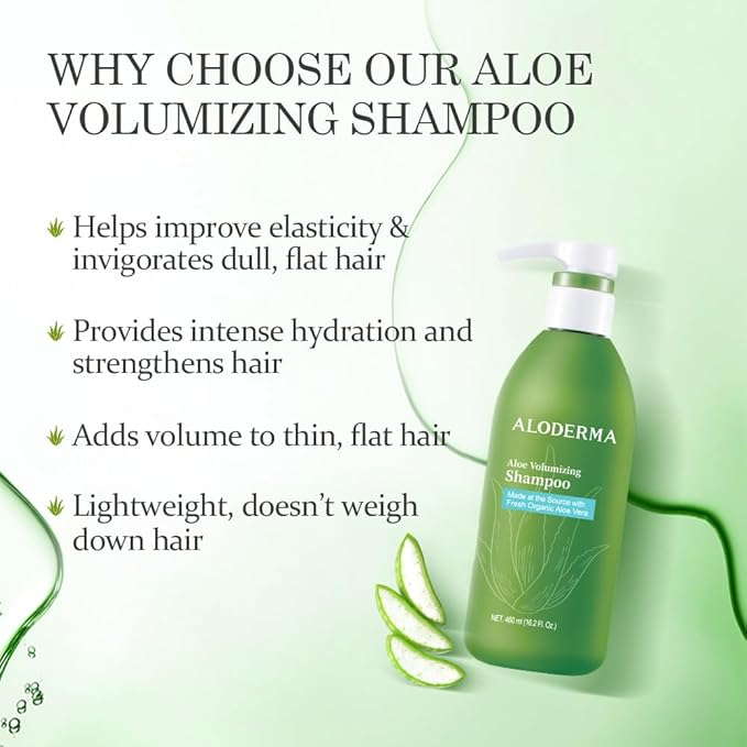 Aloderma Aloe Volumizing Shampoo for Fine, Brittle, & Thinning Hair - Featuring Freshly Harvested Organic Aloe Vera Infused with Arginine & Panthenol - Alcohol, Parabens, Mineral Oil Free - 16oz