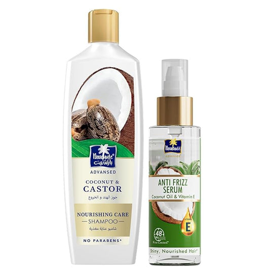 Parachute Advansed Anti-Frizz Hair Serum & Castor Shampoo Combo | Smooth, Nourished, & Hydrated Hair | Pack of 2 | 6.7 Fl oz + 11.4 Fl oz