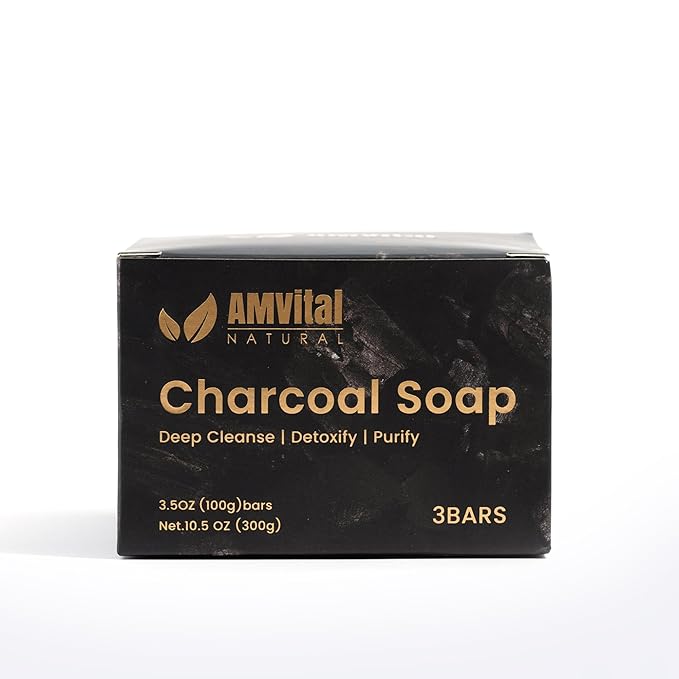 AMVital Natural Charcoal Soap Bar Set - 3-Pack Plant-Based Face & Body Soap for Daily Use - Deep-Cleansing Bar Soap for All Skin Types - Vegan Gift Set for Men & Women