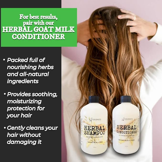 Legend's Creek Farm, Herbal Goat Milk Shampoo, Gently Cleansing & Soothing, Intense Softness & Shine, For Dry & Damaged Hair, 16 fl. Oz (Oatmeal, Milk, & Honey H.S.)