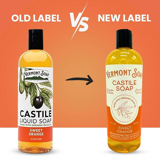 Vermont Orange Castile Soap, Gentle Liquid Soap for Sensitive Skin & Natural Body Wash, Organic Hair Shampoo for Oily Hair, Aloe Castile Soap for Men & Women - 16 Oz