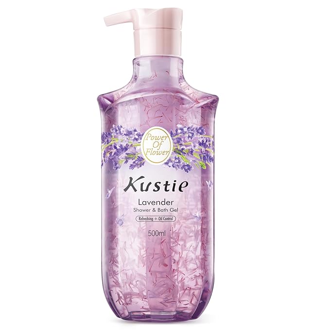 Kustie Lavender Antibacterial Body Wash with Real Visible Flower Petals, Moisturizing & Anti-Acne Shower Gel with Tea Tree Oil & 24HR Perfume Scent for Sensitive Skin, 16.9 fl oz