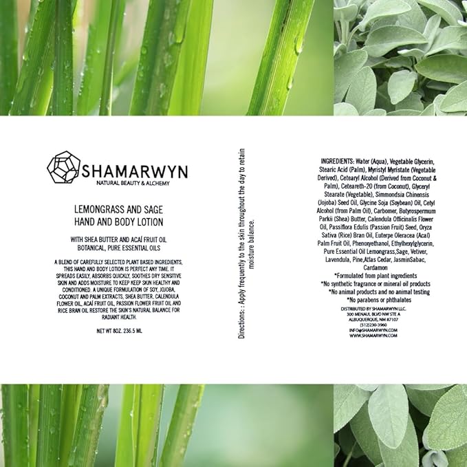 Lemongrass & Sage Hand & Body Lotion for Dry Skin – Infused with Natural-Organic Shea Butter & Acai Fruit Oil (8oz)