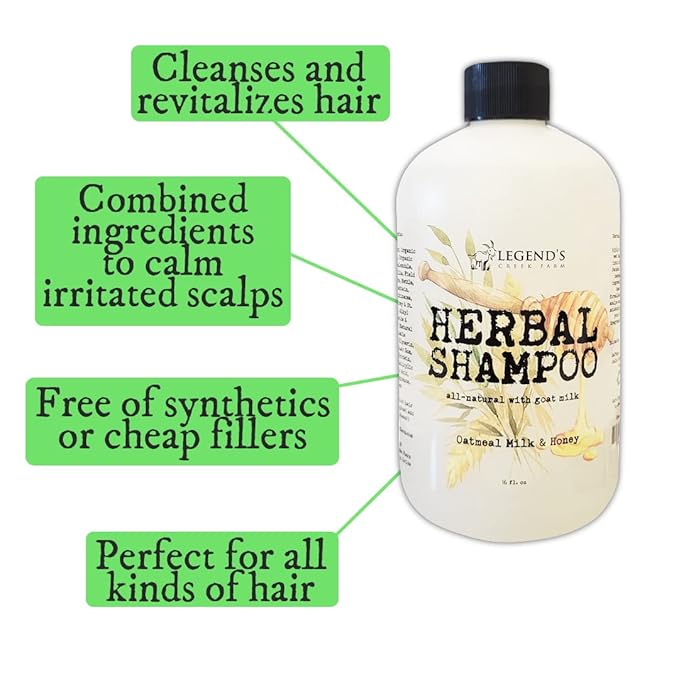 Legend's Creek Farm, Herbal Goat Milk Shampoo, Gently Cleansing & Soothing, Intense Softness & Shine, For Dry & Damaged Hair, 16 fl. Oz (Oatmeal, Milk, & Honey H.S.)