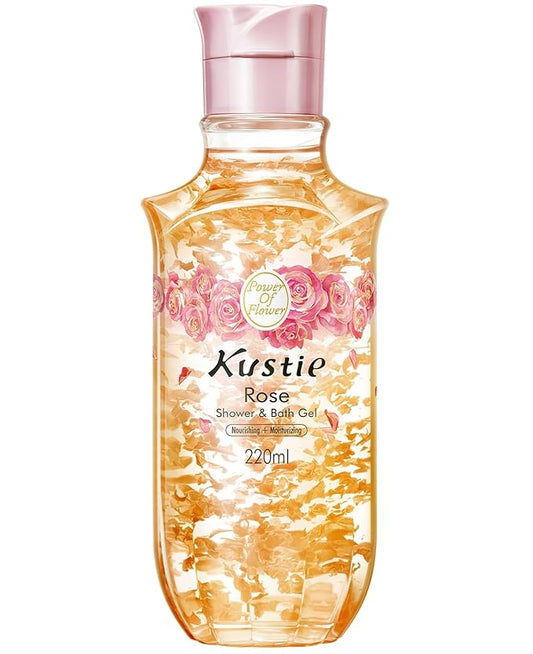Kustie Rose Anti-Aging Body Wash, Real Petals & Rose Oil, 24H Fragrance & Deep Moisturizing, Clear Free Radicals Cleanse Perfume Shower Gel for Dry & Mature Skin, 7.4 fl oz