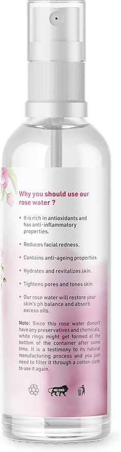 Eeva Extracts - Organic Rose Water I Natural Hydrates,Cleanses & Moisturises for Skin & Face I No Sulphate,Alcohol,&Parabens I pH Balancer I Facial Toner Spray I for Women & Men,100Ml