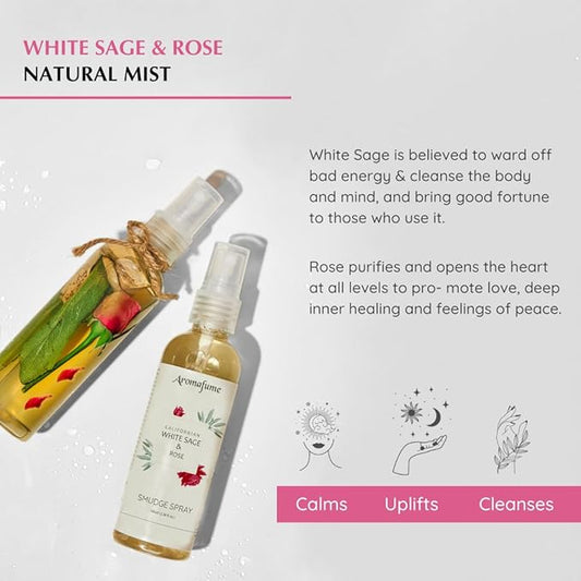 White Sage & Rose Smudge Spray by Aromafume | 100ml/3.3 oz | Sage Spray for Cleansing Negative Energy & Protection | Room Spray for Spiritual Cleansing, Smokeless Sage Smudging