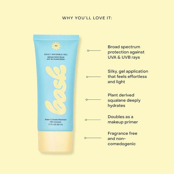 Bask Suncare SPF 40 Daily Invisible Gel Face Sunscreen - Broad Spectrum Protection, Fragrance Free, Makeup Primer, Hydrating, Lightweight & Fast Absorbing, Dermatologist Recommended, 1.7 fl oz