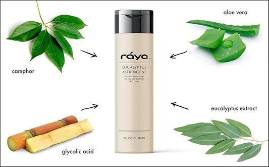 RAYA Eucalyptus Astringent with AHA 8 oz (G-207) | Exfoliating Glycolic Facial Toner for Oily and Break-Out Skin | Helps Balance pH and Dry Up Blemishes | Made with Alpha Hydroxy Acids