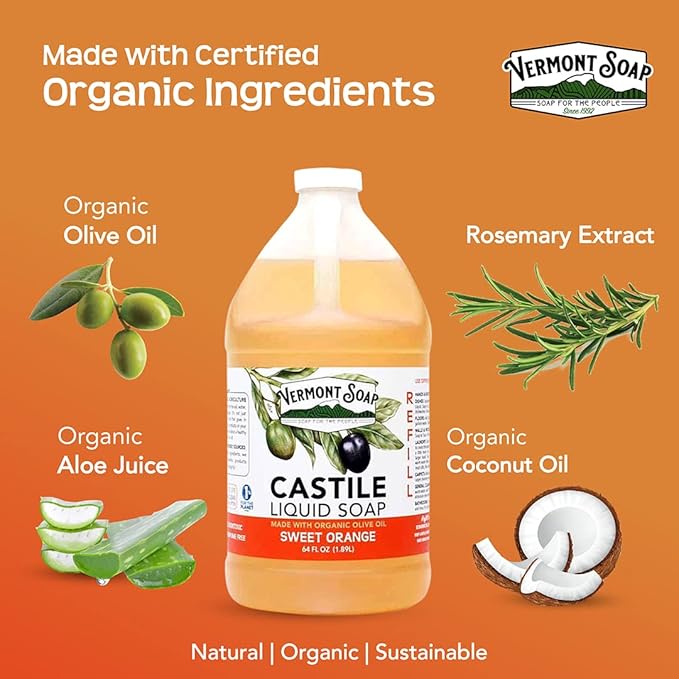 Vermont Pure Castile Soap Orange, Gentle Liquid Soap for Sensitive Skin & Natural Body Wash, Organic Hair Shampoo for Oily Hair, Aloe Castile Soap for Men & Women - 64 Oz