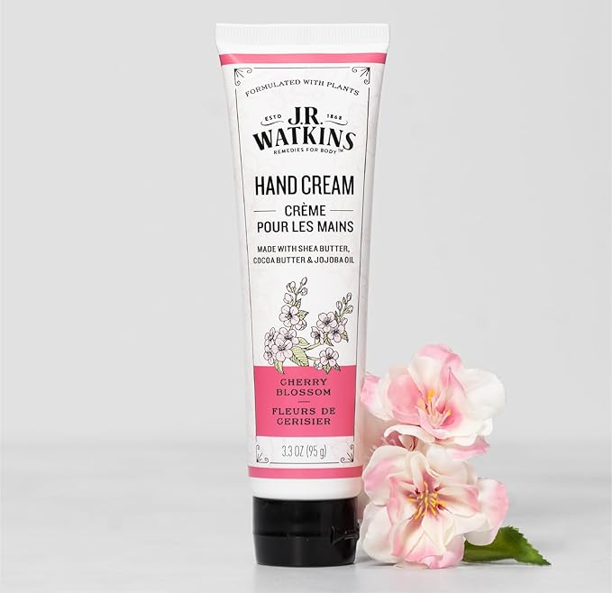 J.R. Watkins Natural Moisturizing Hand Cream, Hydrating Hand Moisturizer with Shea Butter, Cocoa Butter, and Avocado Oil, Cruelty Free, 3.3oz, Cherry Blossom, 3 Pack