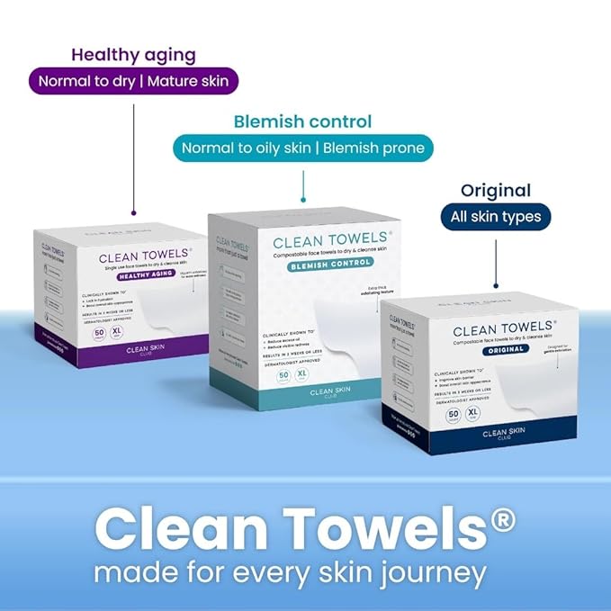 Clean Skin Club Clean Towels XL®, 100% USDA Biobased Face Towel, Disposable Face Towelette, Eczema Association Accepted, Makeup Remover Dry Wipes, Ultra Soft, 50 ct per pack, 6 Packs, 300 Ct Total