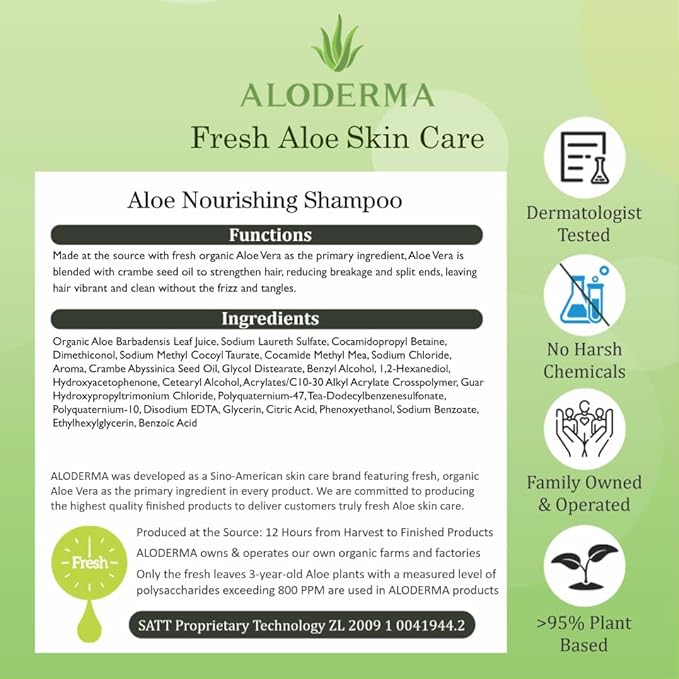 Aloderma Aloe Nourishing Shampoo Featuring Fresh, Organic Aloe Vera for Dry and Damaged Hair - Gently Cleanses and Moisturizes Dehydrated Hair for Soft, Healthy Hair - Alcohol, Paraben-Free - 16oz