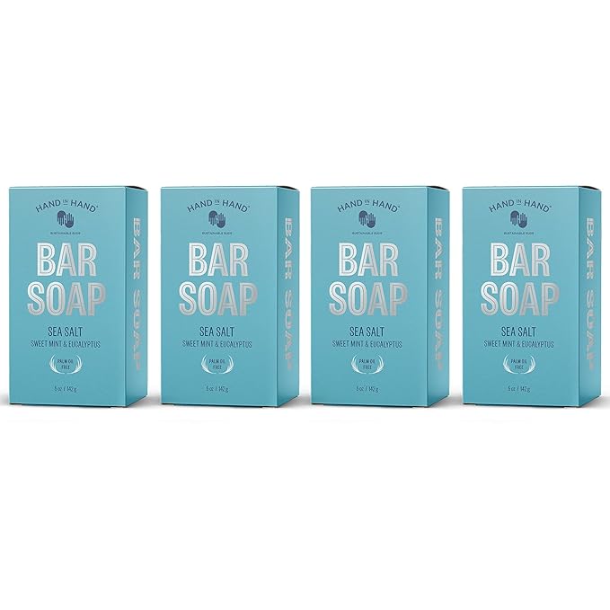 Hand in Hand Bar Soap, Nourishing Cleanser For All Skin Types, Organic Shea and Cocoa Butters, 5 Ounce, Sweet Mint & Eucalyptus, Sea Salt Scent, 4 Pack