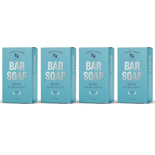 Hand in Hand Bar Soap, Nourishing Cleanser For All Skin Types, Organic Shea and Cocoa Butters, 5 Ounce, Sweet Mint & Eucalyptus, Sea Salt Scent, 4 Pack