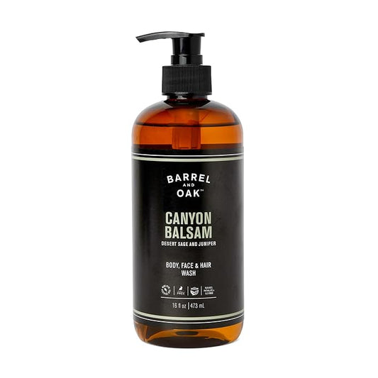 Barrel & Oak All-in-One Wash for Face, Hair, & Body, Vegan & Hydrating Face, Shampoo and Body Wash for Men, Grooming Kit Gifts for Men, Canyon Balsam, 16 oz