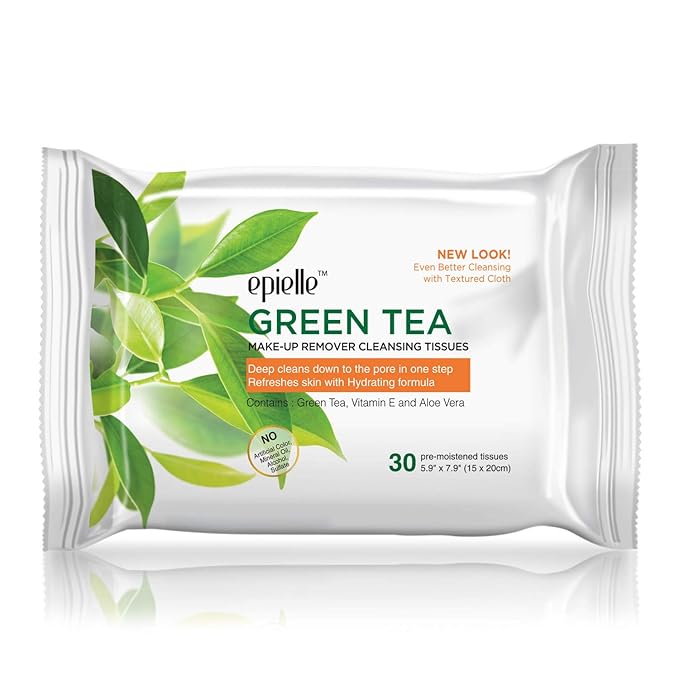 Epielle New Makeup Remover Cleansing Wipes Tissue - Cucumber 30 Count 6 Pack | Gentle for all Skin Types | Daily Facial Cleansing Towelettes | Removes Dirt, Oil, Makeup (Green Tea)