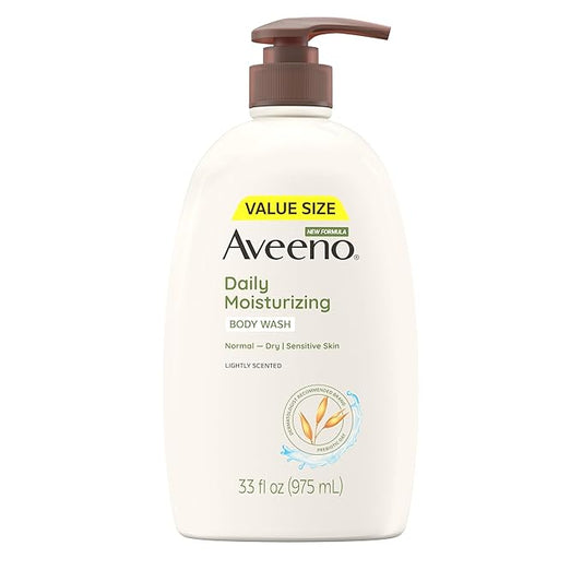 Aveeno Daily Moisturizing Body Wash for Women and Men for Dry & Sensitive Skin, Paraben, Soap & Dye-Free, Gentle Shower Cleanser, Dermatologist Recommended Brand, Lightly Scented, 33 Fl Oz