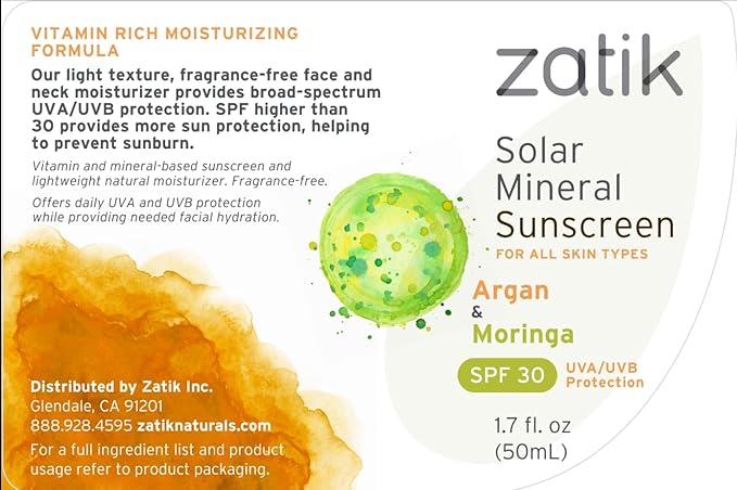 Zatik Naturals - Solar Mineral Sunscreen with Argan and Moringa, Vitamin and Mineral-Based Solar Protection, Vegan, Non-GMO, pH Balanced, FREE from Gluten, Soy, Alcohol. 1.7 fl oz, 50 ml