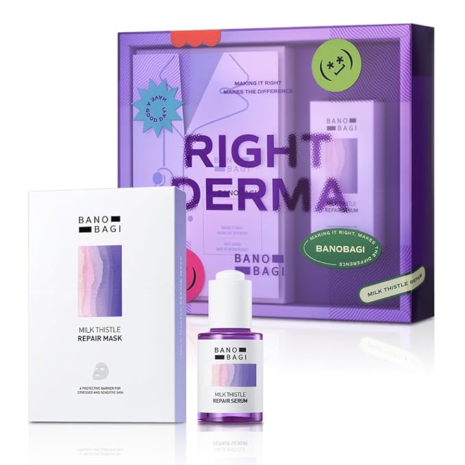 Milk Thistle Repair Skin Care Set - Korean Skin Care with Centella, Soothing & Barrier Repair Kit for Sensitive Skin, Face Mask 10EA & Serum 0.5 fl. oz., Face Moisturizer, Fragrance-Free