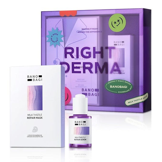 Milk Thistle Repair Skin Care Set - Korean Skin Care with Centella, Soothing & Barrier Repair Kit for Sensitive Skin, Face Mask 10EA & Serum 0.5 fl. oz., Face Moisturizer, Fragrance-Free