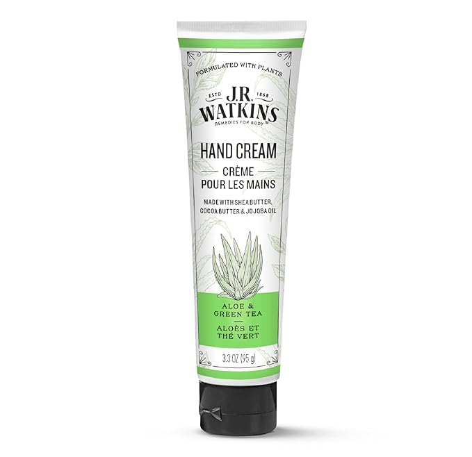 J.R. Watkins Natural Moisturizing Hand Cream, Hydrating Hand Moisturizer with Shea Butter, Cocoa Butter, and Avocado Oil, USA Made and Cruelty Free, 3.3oz, Aloe & Green Tea, Single