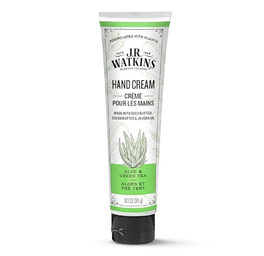 J.R. Watkins Natural Moisturizing Hand Cream, Hydrating Hand Moisturizer with Shea Butter, Cocoa Butter, and Avocado Oil, USA Made and Cruelty Free, 3.3oz, Aloe & Green Tea, Single