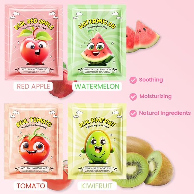 evpct 12 Pack Fruit Kids Face Masks for Kids Girls Spa, Girls Kids Facial Spa Day Slumber Sleepover Birthday Party Favors Supplies Kit for Girl, Kid Friendly Facial Face Masks Bulk Skincare for Kid, 3