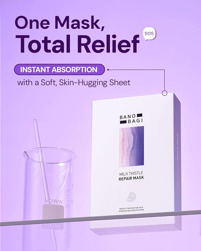 Milk Thistle Repair Skin Care Set - Korean Skin Care with Centella, Soothing & Barrier Repair Kit for Sensitive Skin, Face Mask 10EA & Serum 0.5 fl. oz., Face Moisturizer, Fragrance-Free