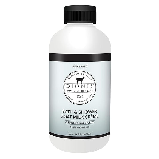 Dionis Goat Milk Skincare Unscented Bath Soap & Liquid Shower Crème, Skin Moisturizer & Hydrating Body Wash Made in The USA, Cruelty Free Shower Gel For Sensitive Skin, 14.5 oz Bottle