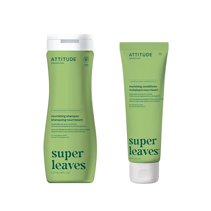 Bundle of ATTITUDE Nourishing Hair Shampoo and Conditioner, For Dry and Damaged Hair, Naturally Derived Ingredients, Vegan and Plant Based, Grapeseed Oil and Olive Leaves