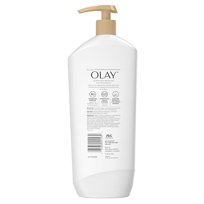 Olay Body Lotion for Women, Ultra Rich Moisture, 24hr Moisturizing & Deep Hydration, Absorbs Instantly, Penetrating Vitamin B3 Complex, For All Skin Types, Shea Butter Scent, 18 fl oz